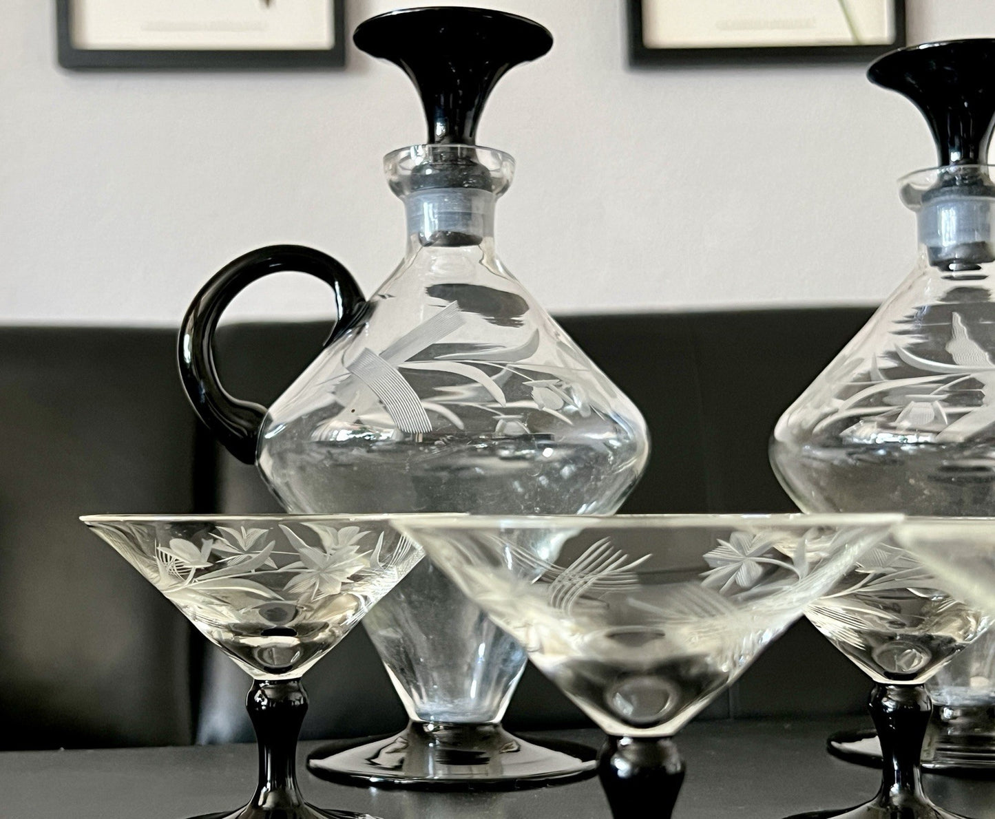 Antik Art Déco Likör 2x Karaffe & 6 Gläser Likörschalen Glas schwarz Stiel
