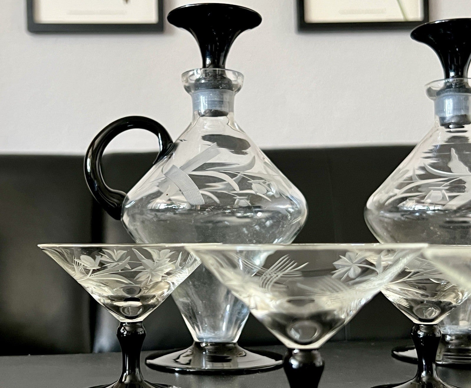 Antik Art Déco Likör 2x Karaffe & 6 Gläser Likörschalen Glas schwarz Stiel