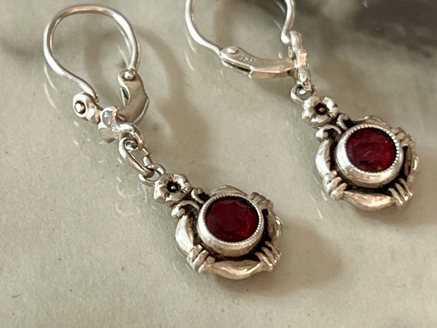 Antik Art Déco Edel Ohrhänger Ohrringe DAMEN Silber 800 rote Steine