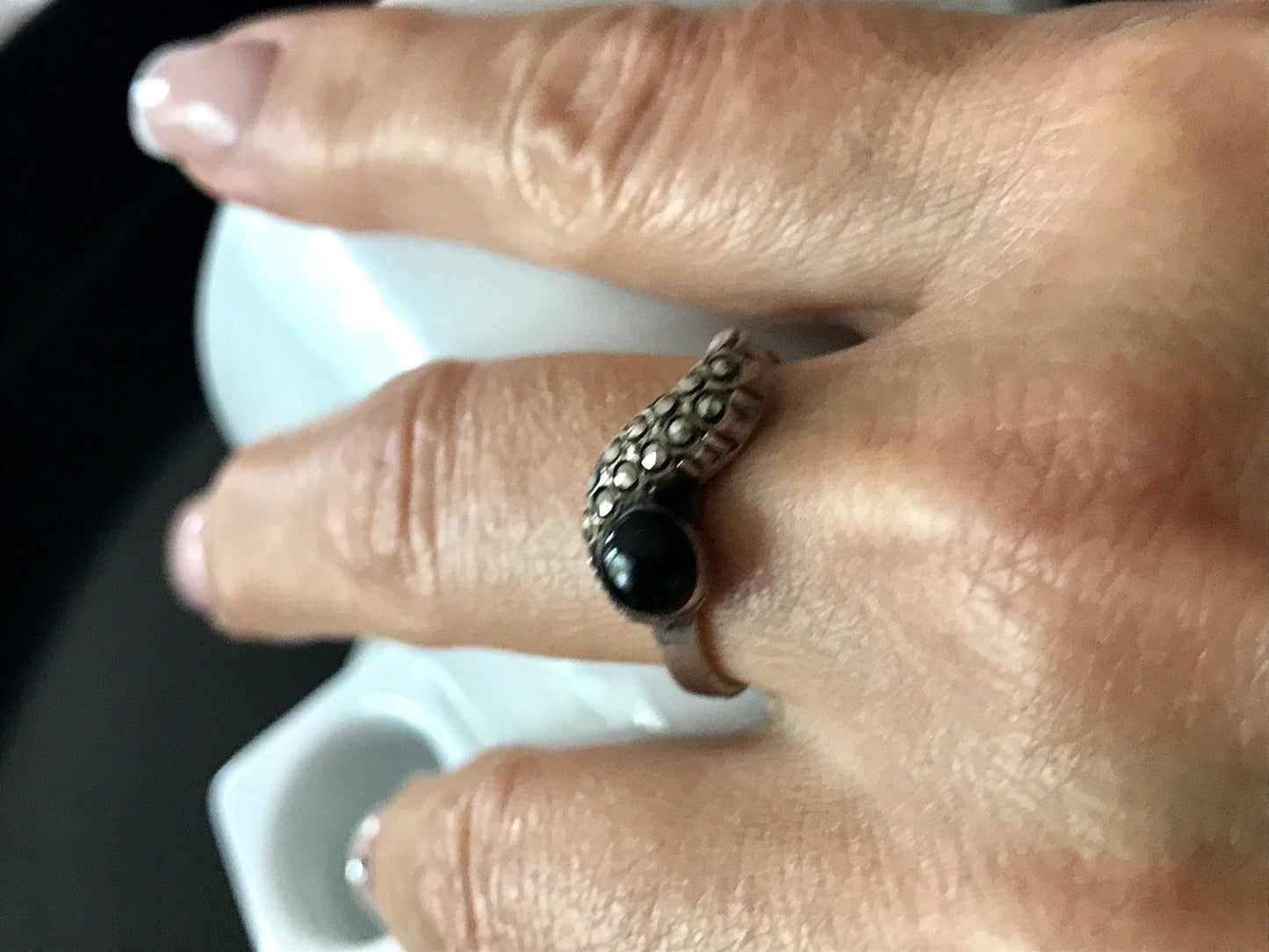 Antik? alt Art Déco Edel Onyx Markasite DAMEN RING Silber 925 Gr.57