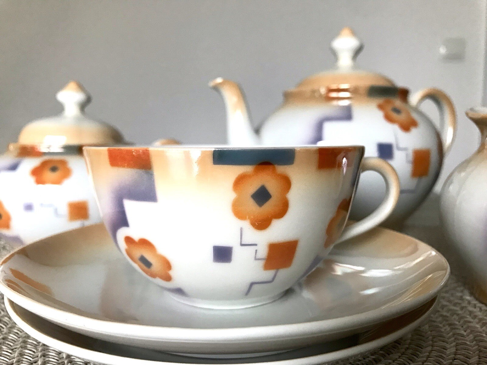 Antik Art Déco Porzellan Kaffeeservice Spritzdekor Moccaservice