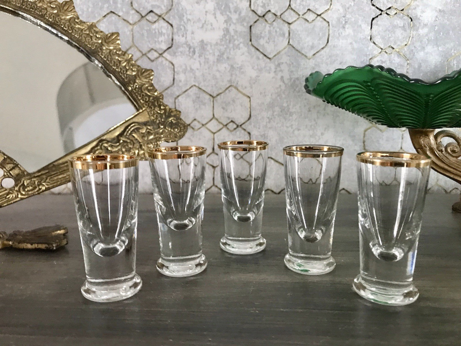 Antik 5 Pinnchen Schnapsgläser Golddekor Glas Biedermeier Likörgläser