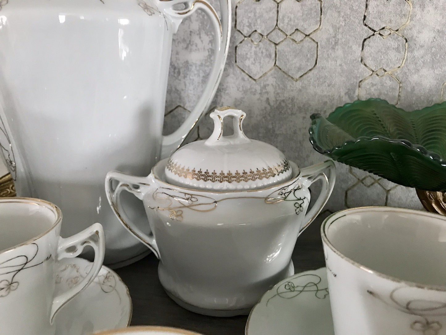 Antik reines Jugendstil Porzellan Kaffeeservice weiß gold 5 Pers. WOW!