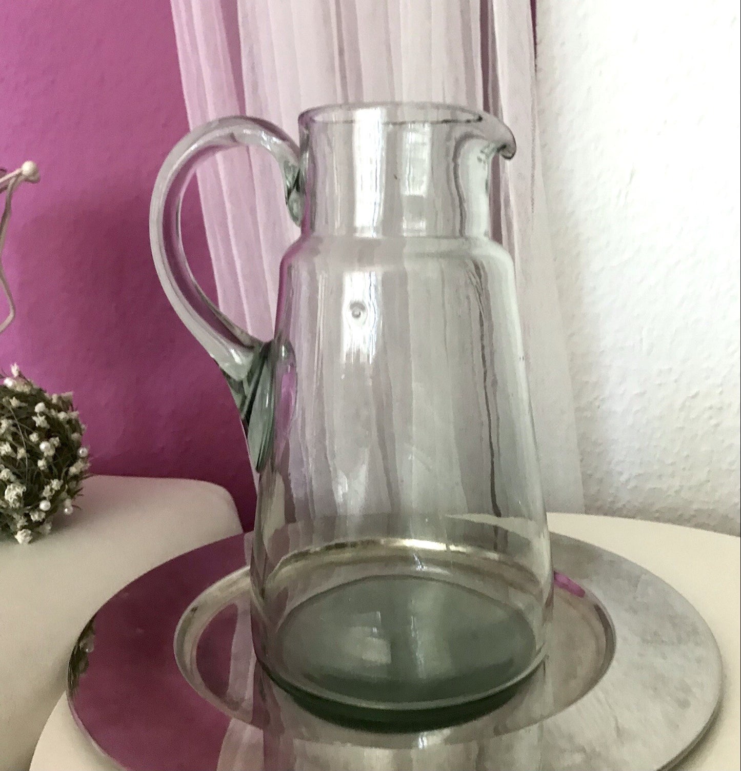 Antik groß Krug Glas Karaffe Kanne Wasserkrug Glas mundgeblasen light türkis