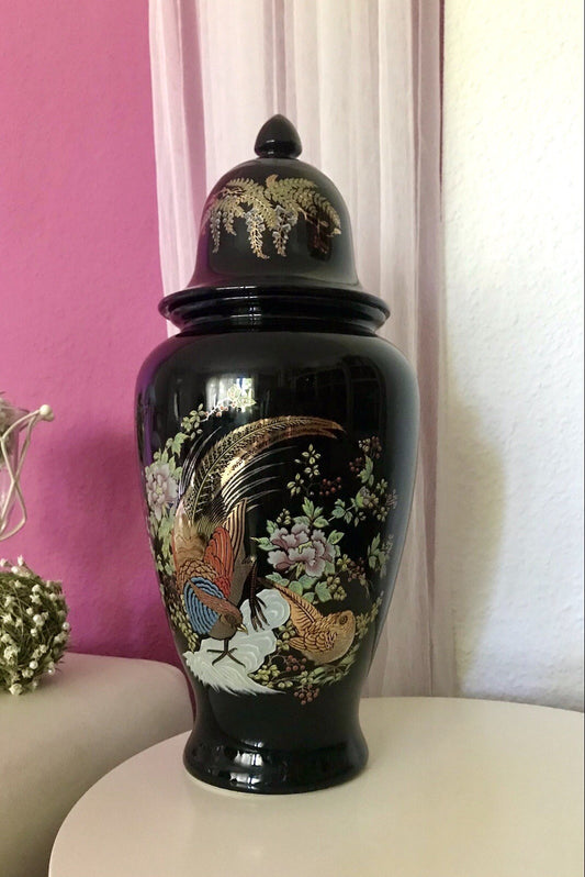Vintage GROß 1 Porzellan Prunkvase Deckelvase Vase Italien MCM schwarz bunt