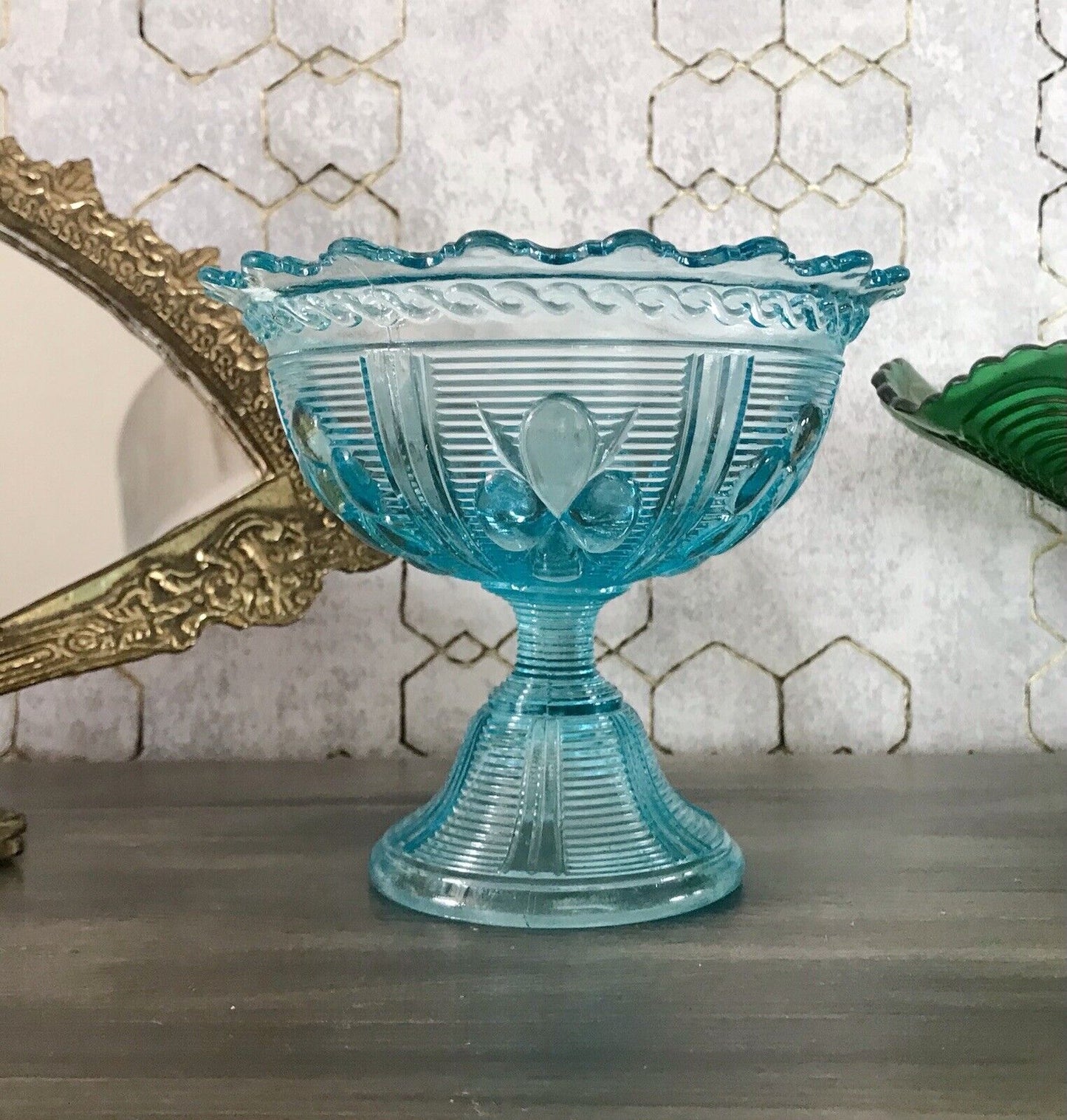 Antik Jugendstil Art Déco Pressglas Schale Fußschale Zuckerschale blau türkis