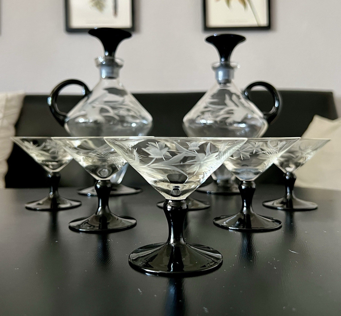 Antik Art Déco Likör 2x Karaffe & 6 Gläser Likörschalen Glas schwarz Stiel