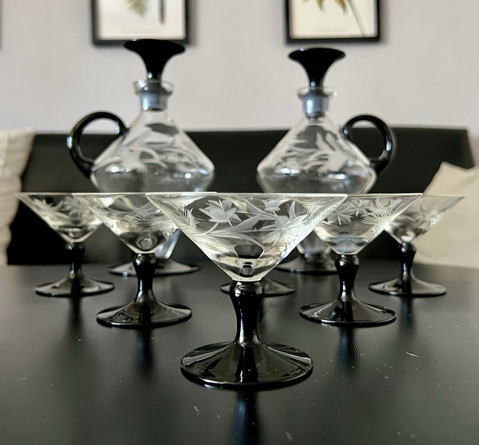 Antik Art Déco Likör 2x Karaffe & 6 Gläser Likörschalen Glas schwarz Stiel