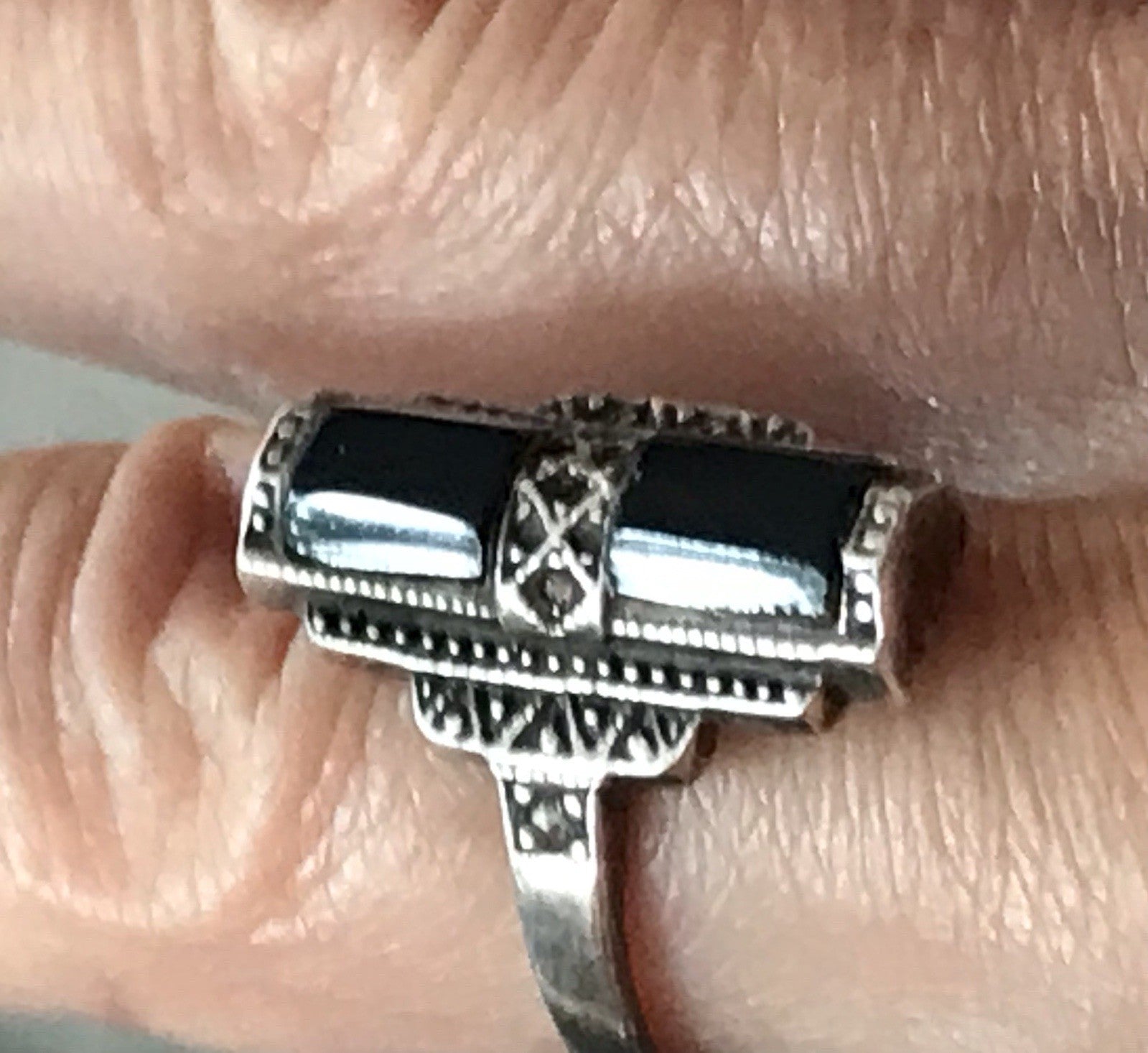 Antik Art Déco Damen Schiffchen Ring Onyx 925 Silber Gr.56 Markasite 18,1