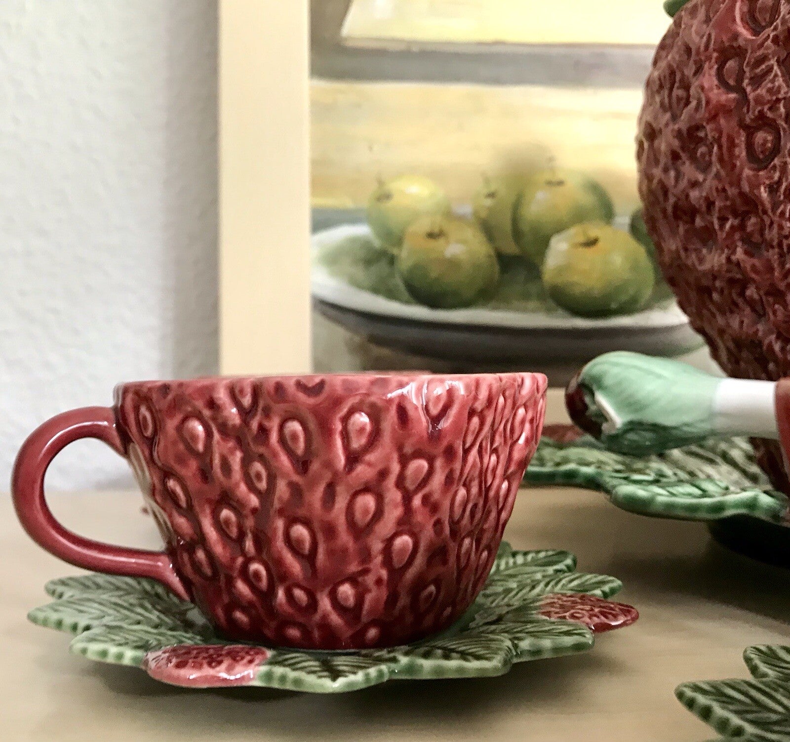 Vintage alt Majolika Keramik Bowle Set Topf 6 Tassen grün rot Erdbeere Pinhero