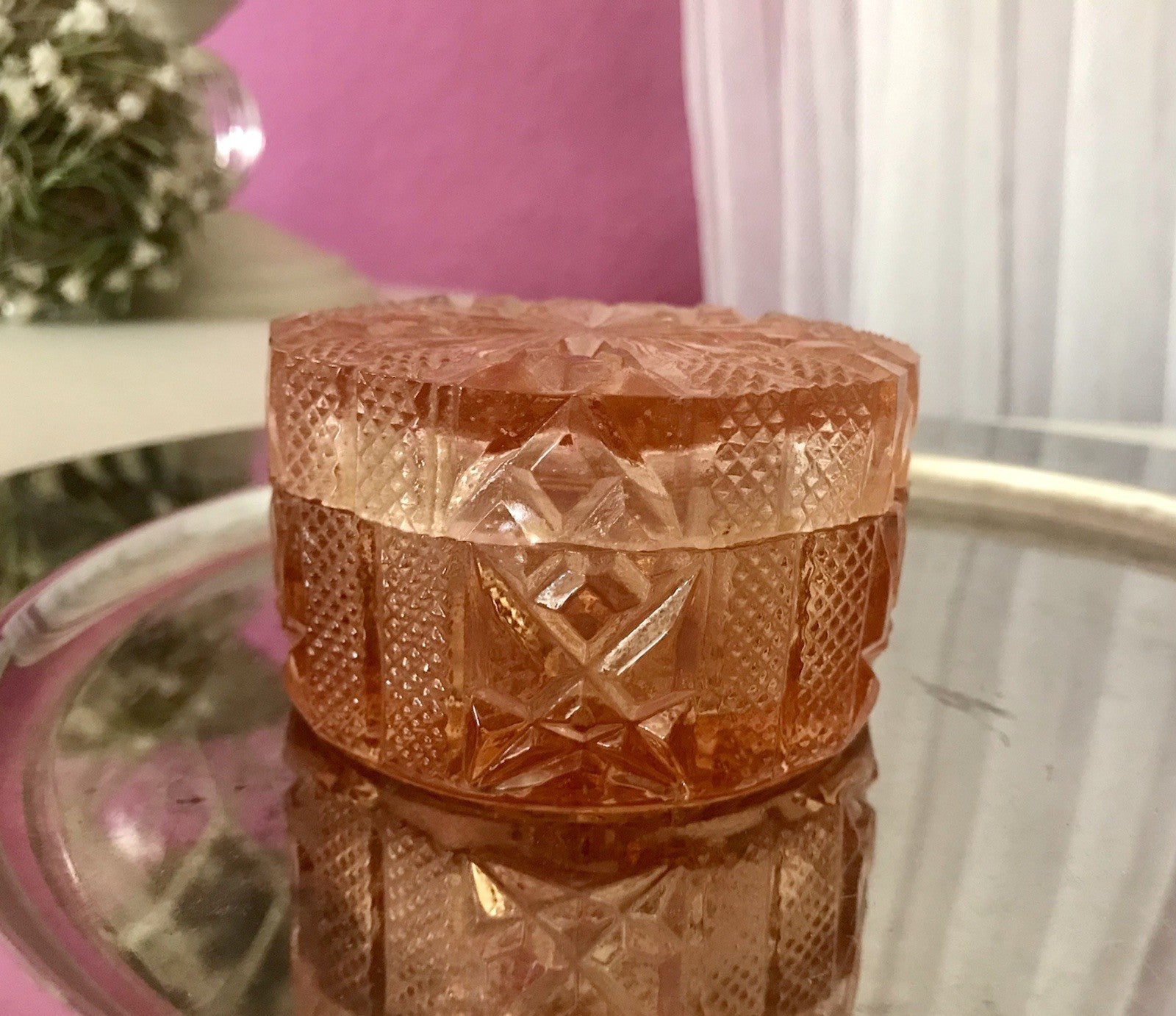 Antik Art Déco Dose Deckeldose Zierdose Pressglas Rosalin rosa Glas