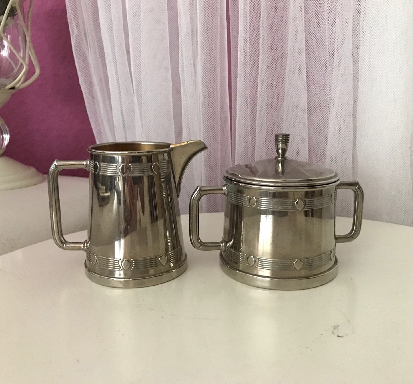 Antik Jugendstil Art Déco Kaffee Kernstück Zuckerdose Rahmgießer verchromt? 2tlg
