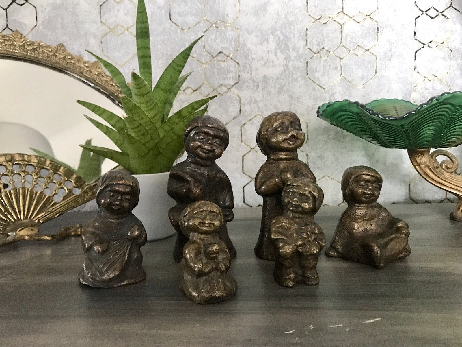 6x Vintage Bronze Figur Kinder Skulpturen Limpke u.a. Mädchen mit Puppe SCHÖN!