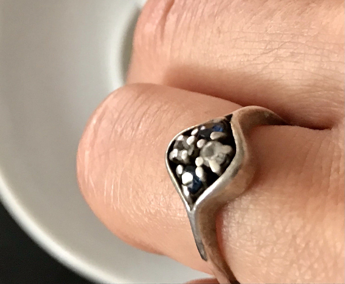 Antik ? Art Déco Damen Ring blaue farblose Steine Silber 925 Gr.51 52 Teka