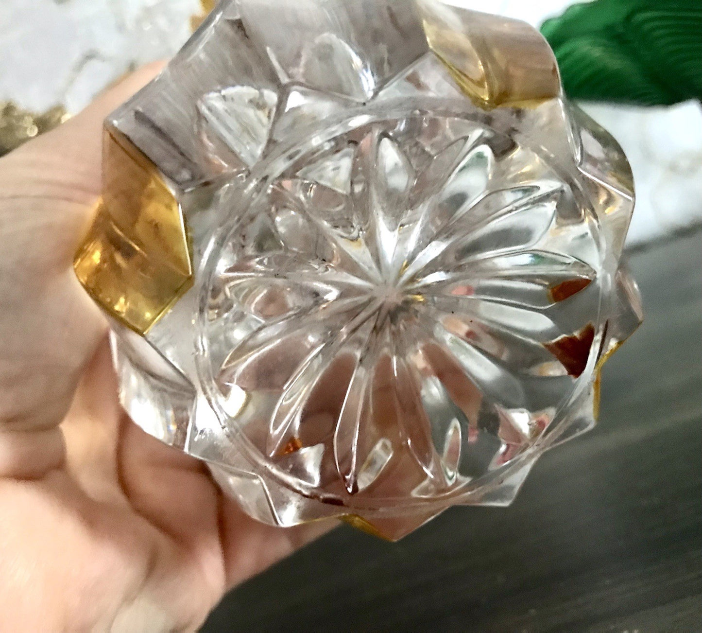 Antik alt Art Déco Stil Glasvase Bleikristall Vase Bernstein Gelbbeize Annahütte