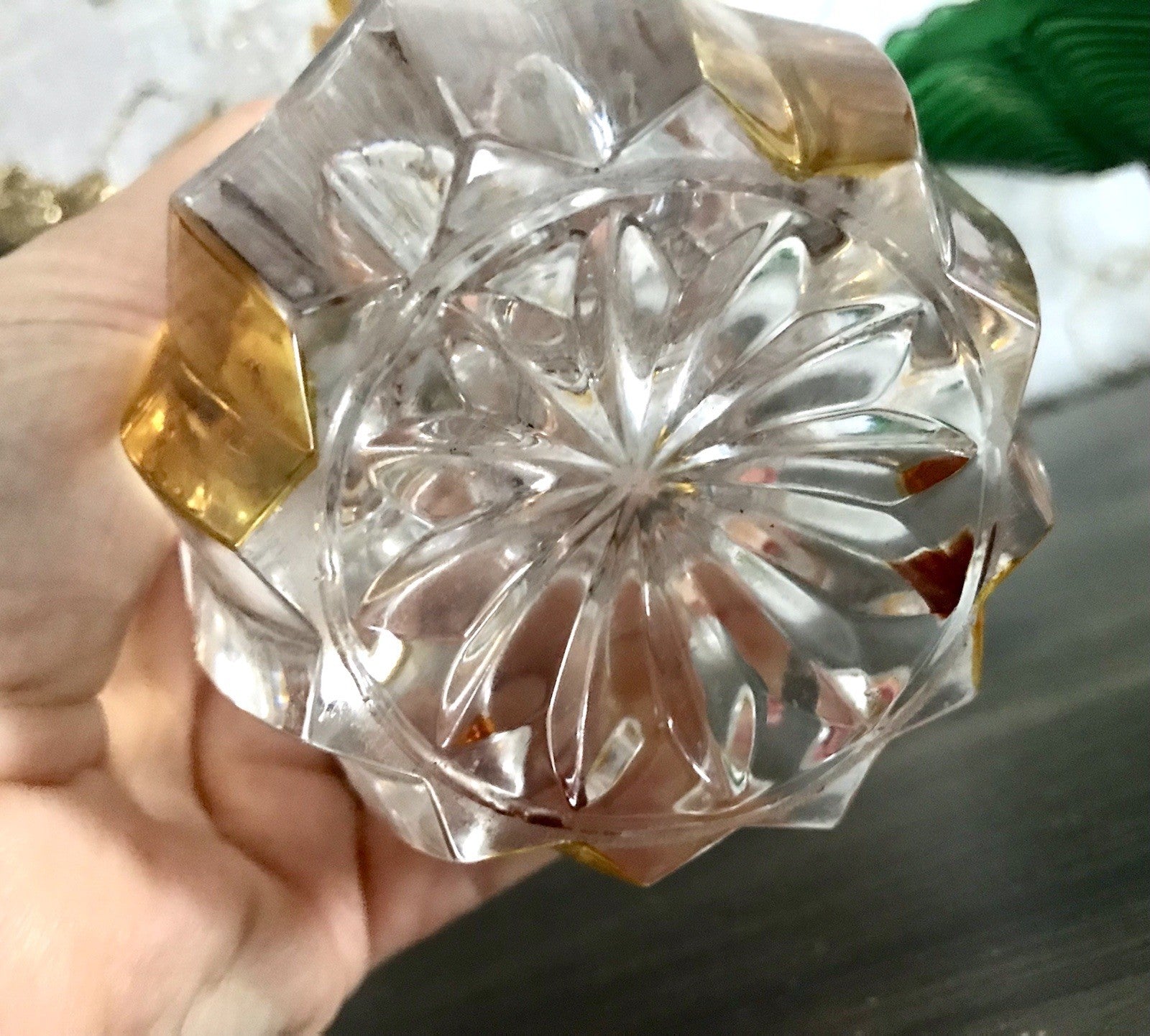 Antik alt Art Déco Stil Glasvase Bleikristall Vase Bernstein Gelbbeize Annahütte