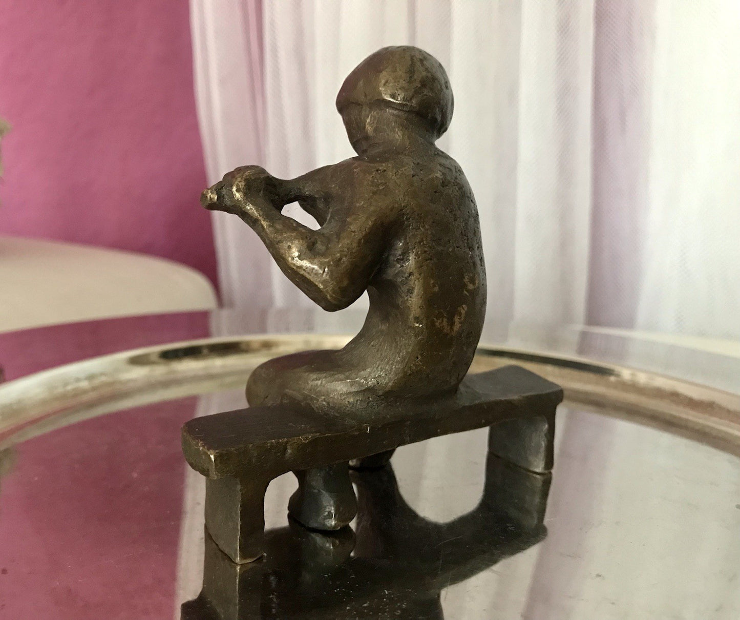 Vintage Bronze Figur Kind Junge Skulptur Fischedick Junge mit Flöte auf der Bank