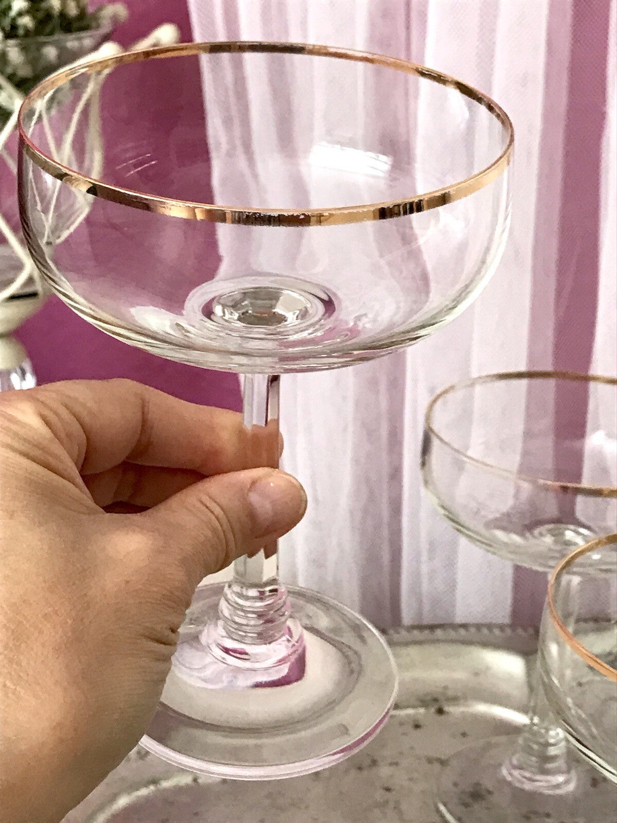 Antik? Art Déco 6 x Champagnerschalen Sekt Gläser Goldrand Lausitzer? Crystal