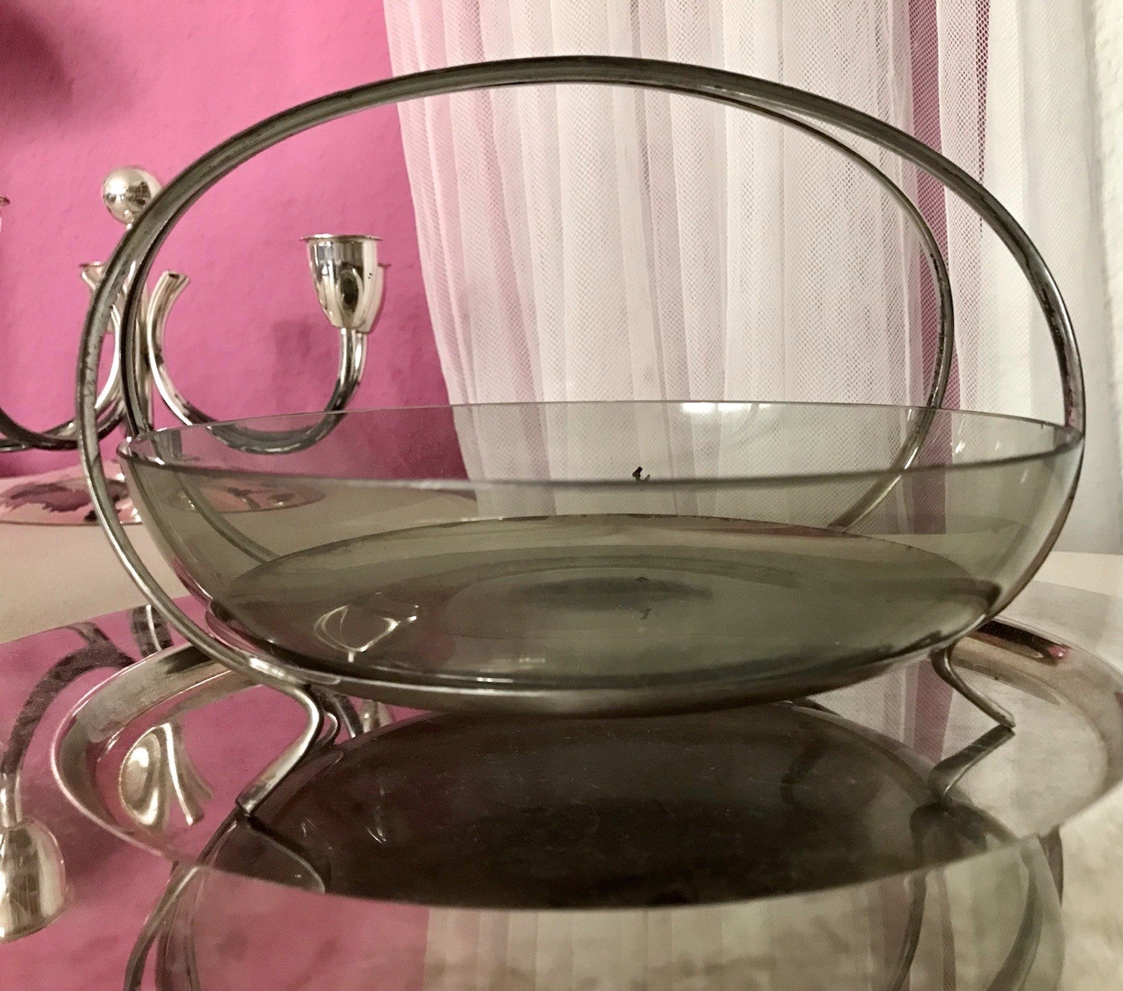 WMF ? Vintage Schale versilbert 50er 60er Mid Century Rauchglas Einsatz MCM