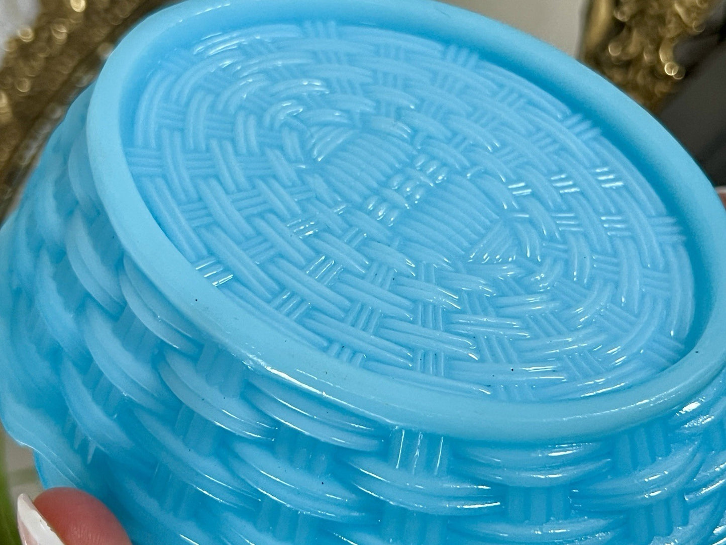 Antik Jugendstil Glasdose Dose Opalglas Deckeldose Pressglas Henne Blau