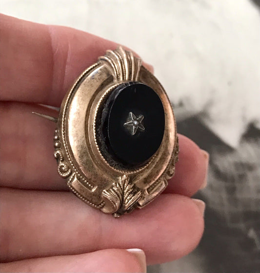 Antik Brosche Walzgold auf Silber gold Anhänger? Schaumgold Doublè Onyx