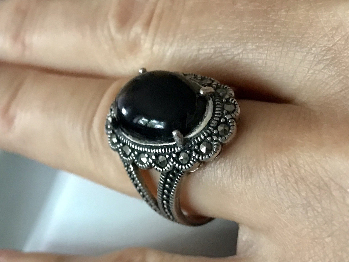 Antik? alt Art Déco Edel Onyx Markasite DAMEN RING Silber 925 Gr.57 18,1