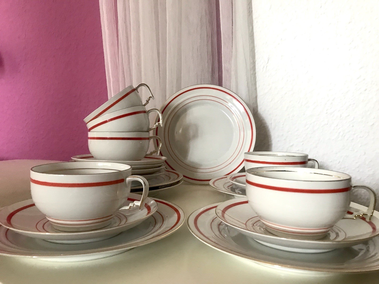 Antik Art Déco Porzellan Kaffeeservice weiß rot orange gemarkt deutsch Bauhaus