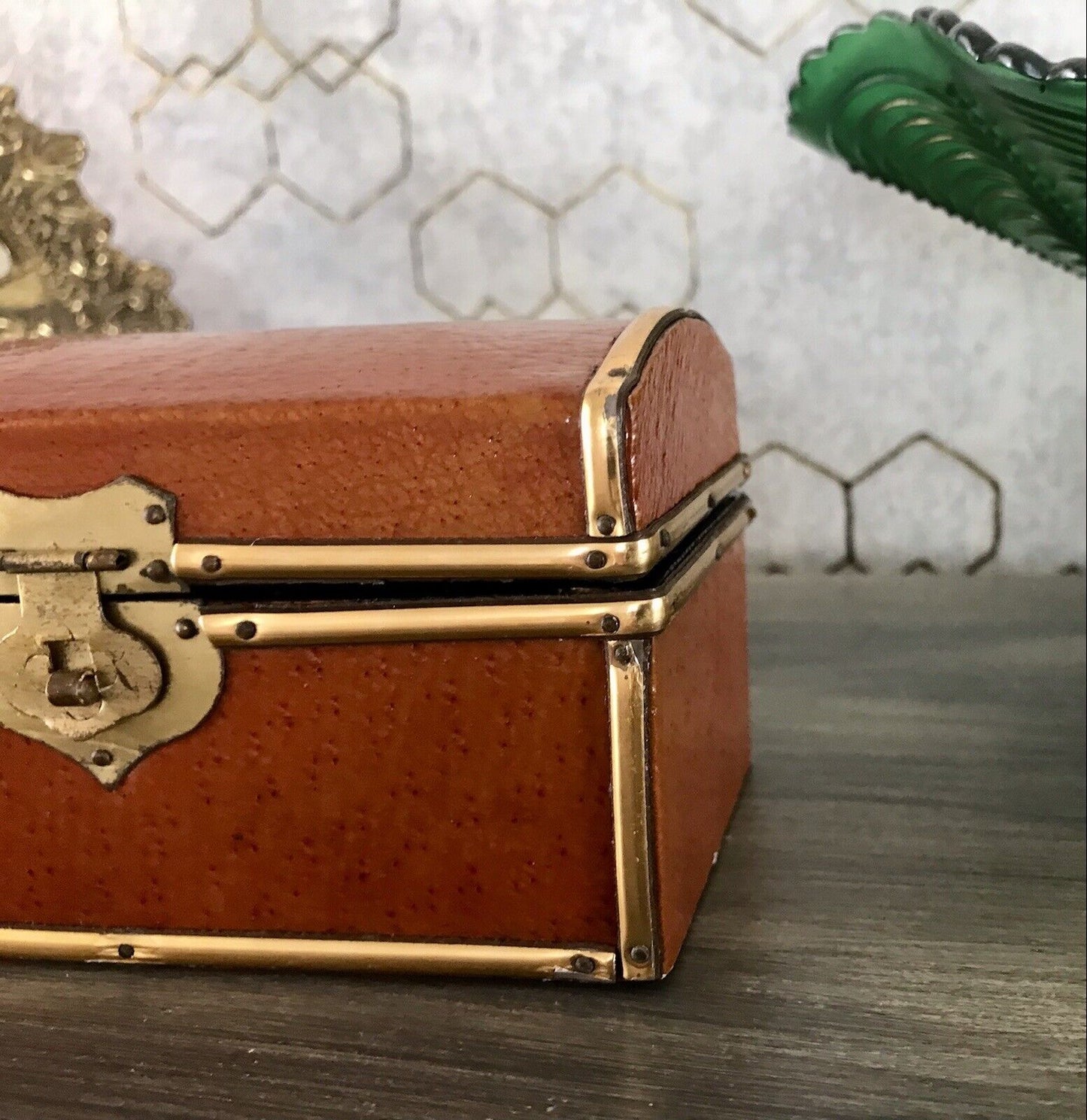 Vintage Schatulle Schmuckdose Dose Kästchen Leder bezogen Cognac