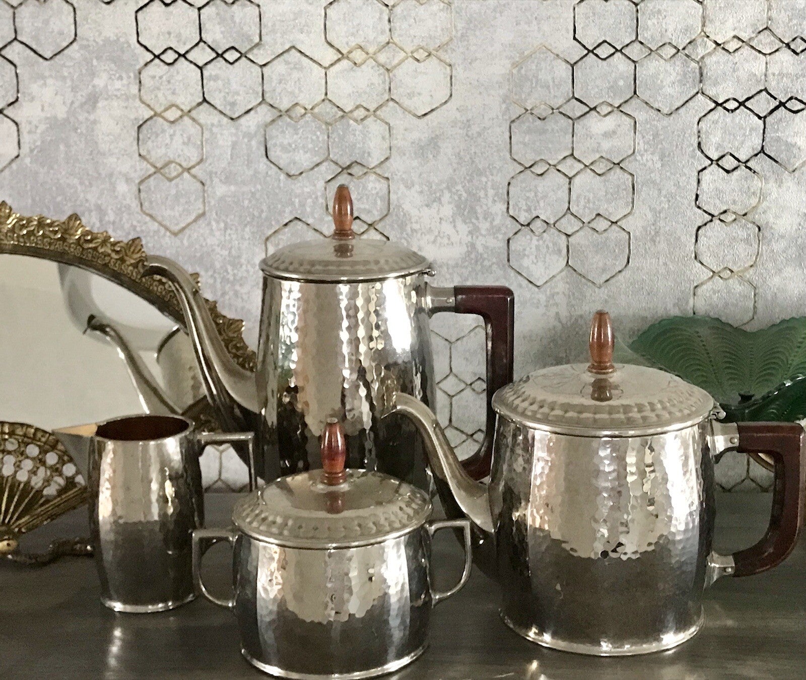Antik WMF Jugendstil Kaffee Kernstück Zuckerdose Rahmgießer 2 Kanne Hammerschlag