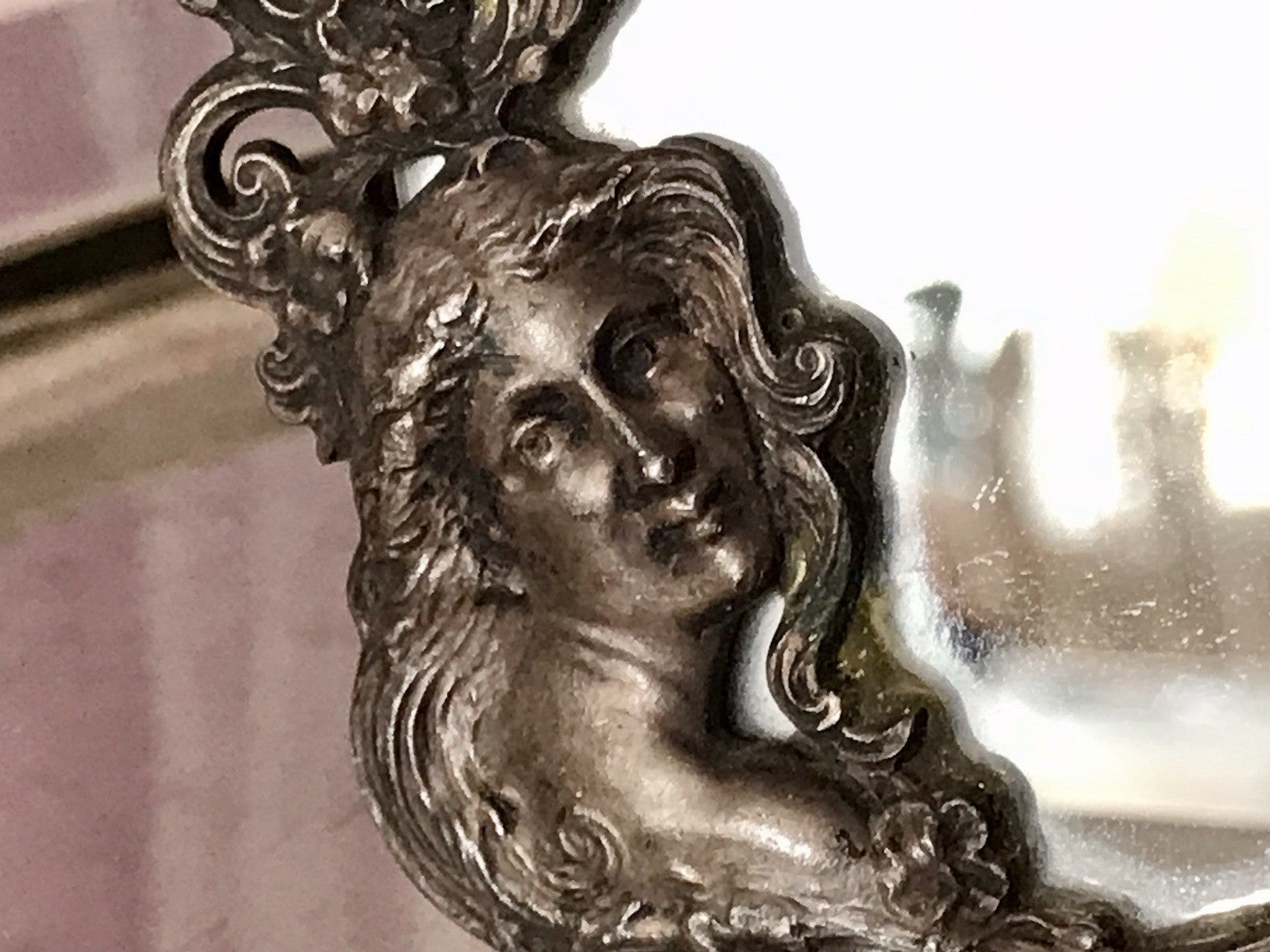 Antik kleiner Taschenspiegel Spiegel versilbert Jugendstil Frau-Büste