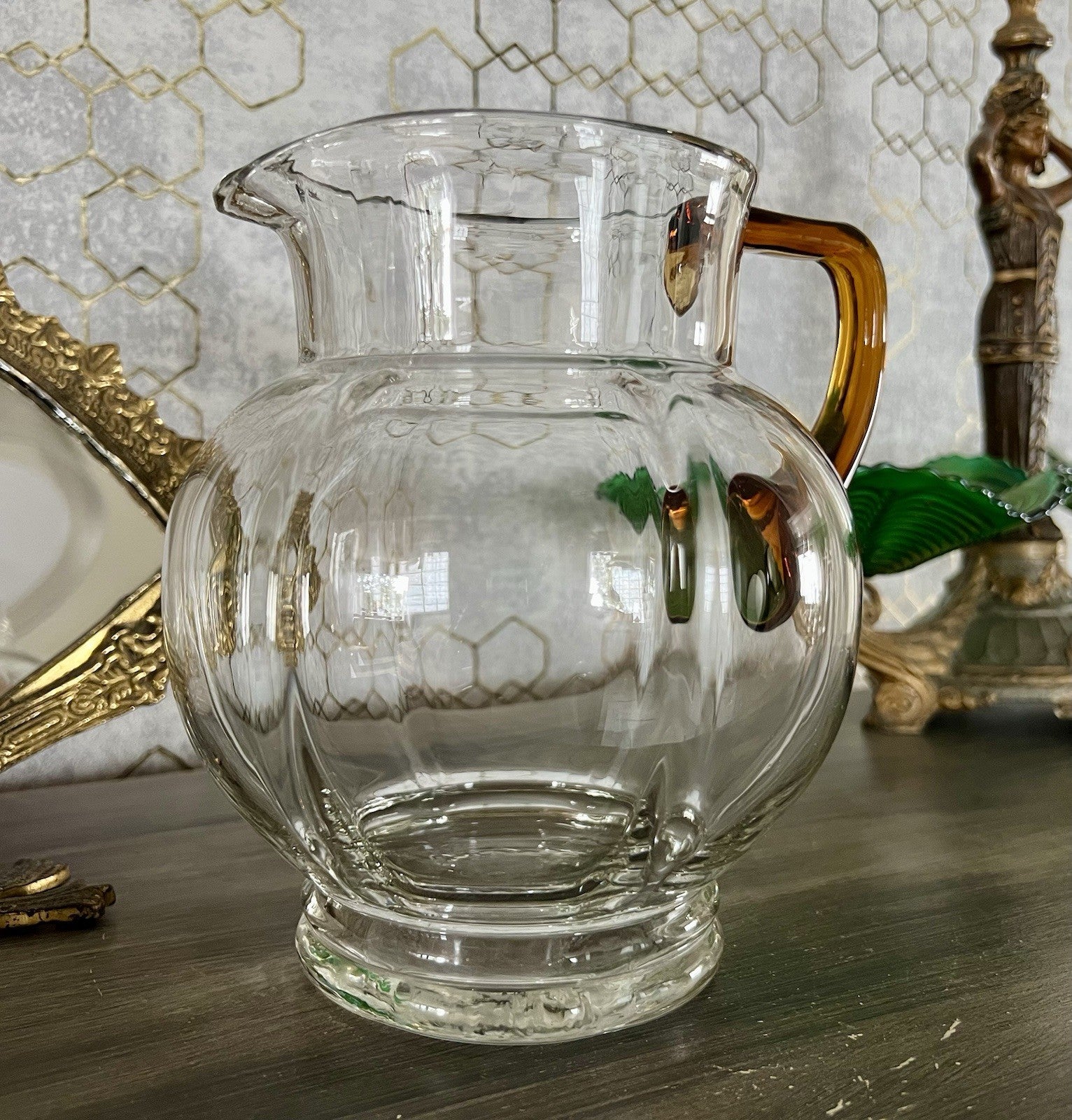 Antik Art Déco Kanne Krug Glaskrug Karaffe Glas mundgeblasen Farblos & gelb