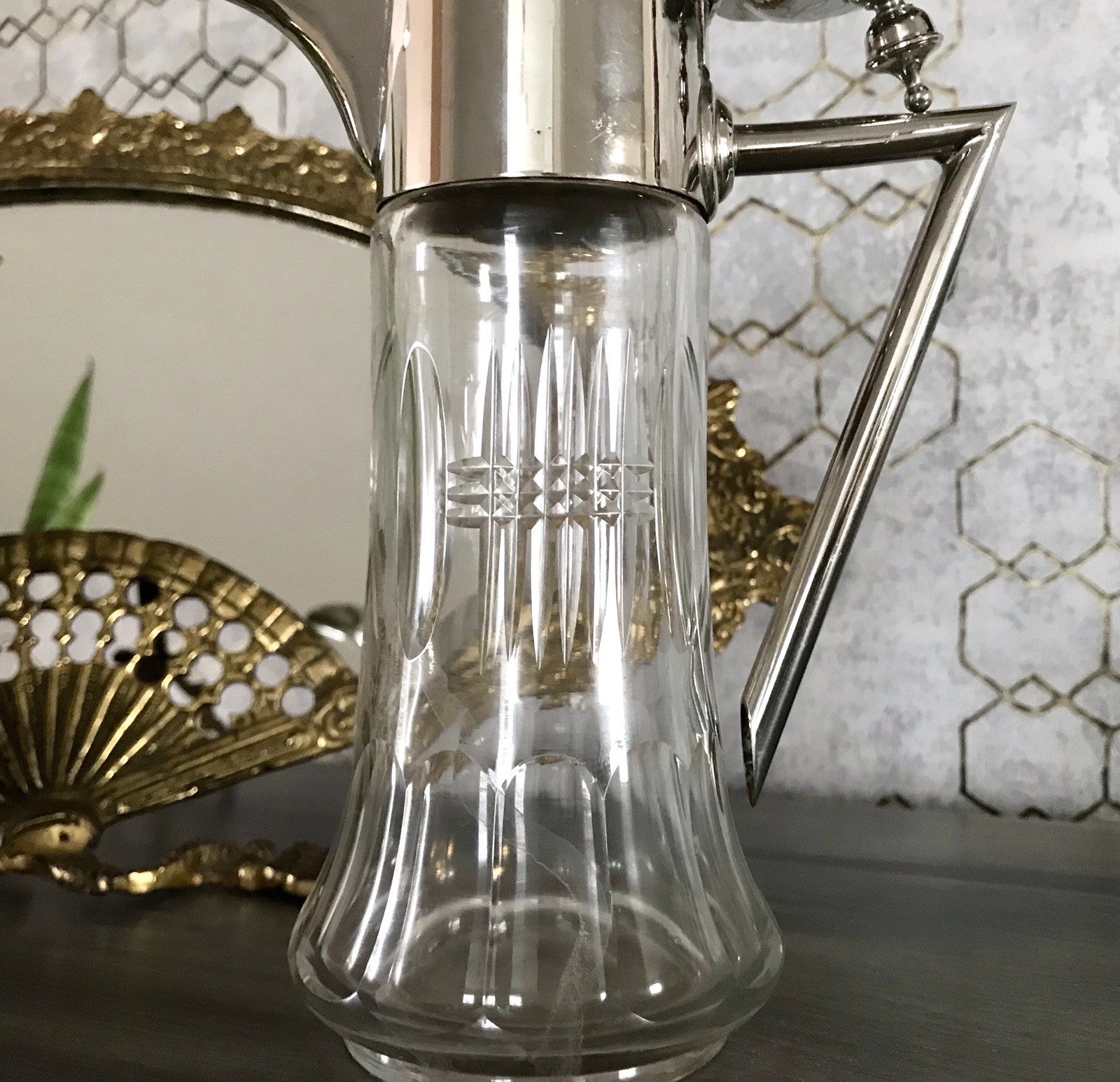 Antik Karaffe Dekanter Metallmontur versilbert? Kristallglas Schliff Edel!