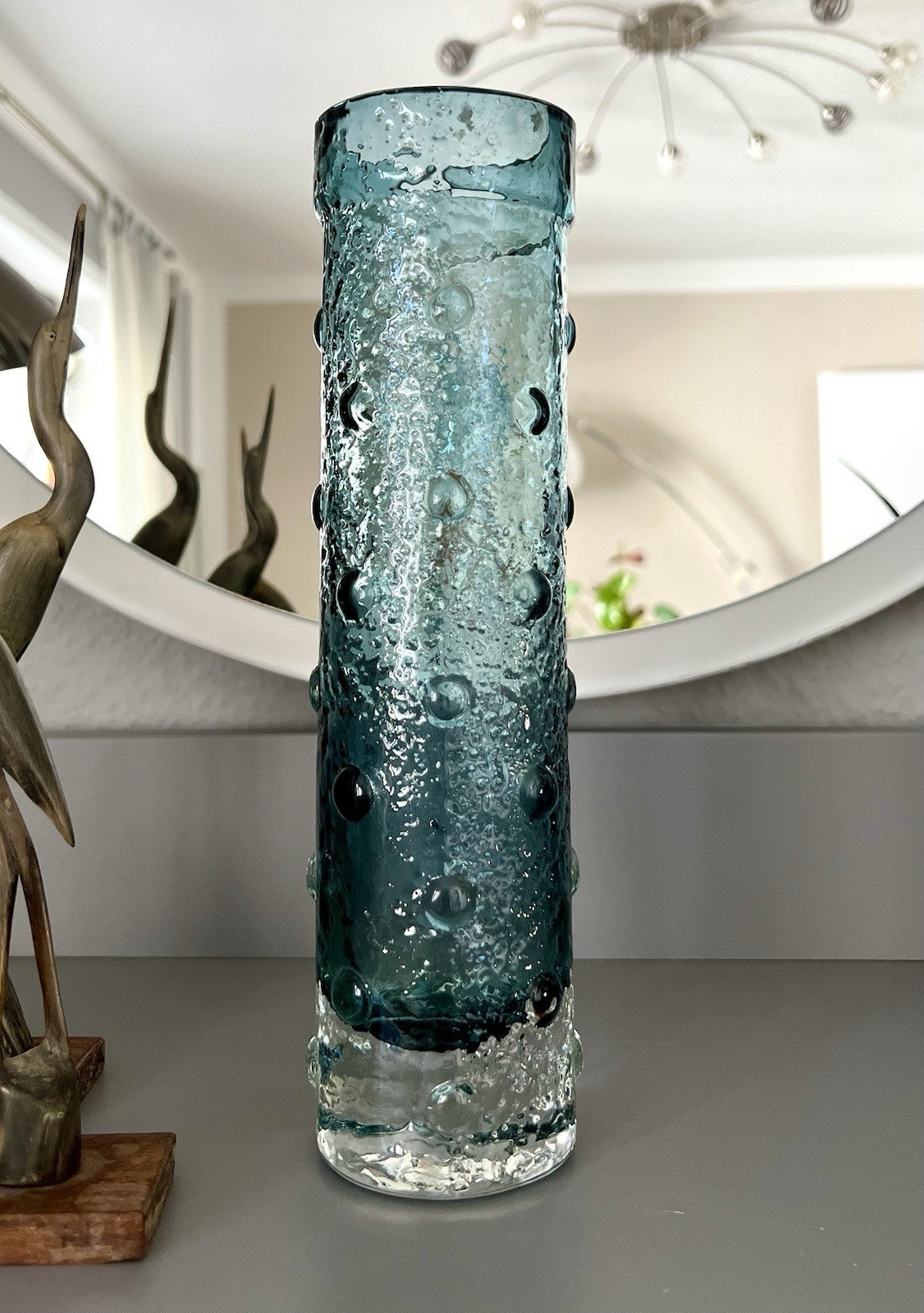 Vintage 60er Riihimäki Lasi Designer Glasvase Vase Glas graublau Finnland Rauch