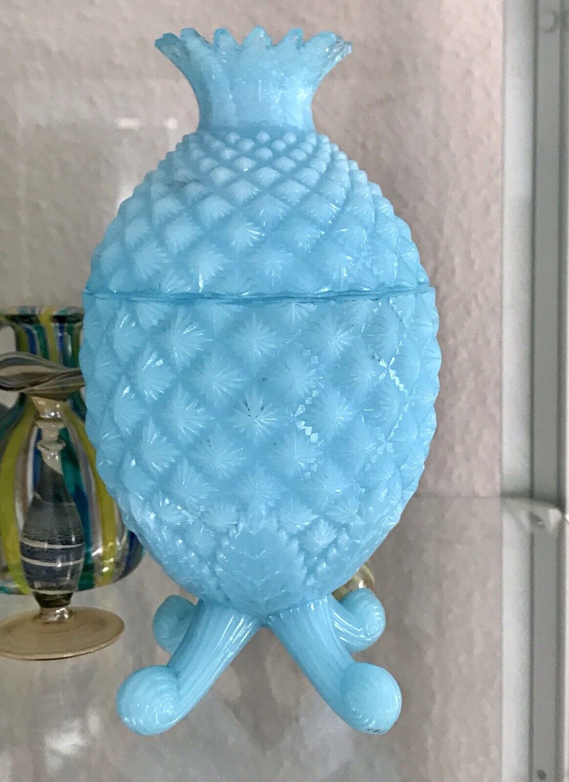 Antik Jugendstil Ananas Glasdose Dose Opalglas Deckeldose blau Pressglas SCHÖN!