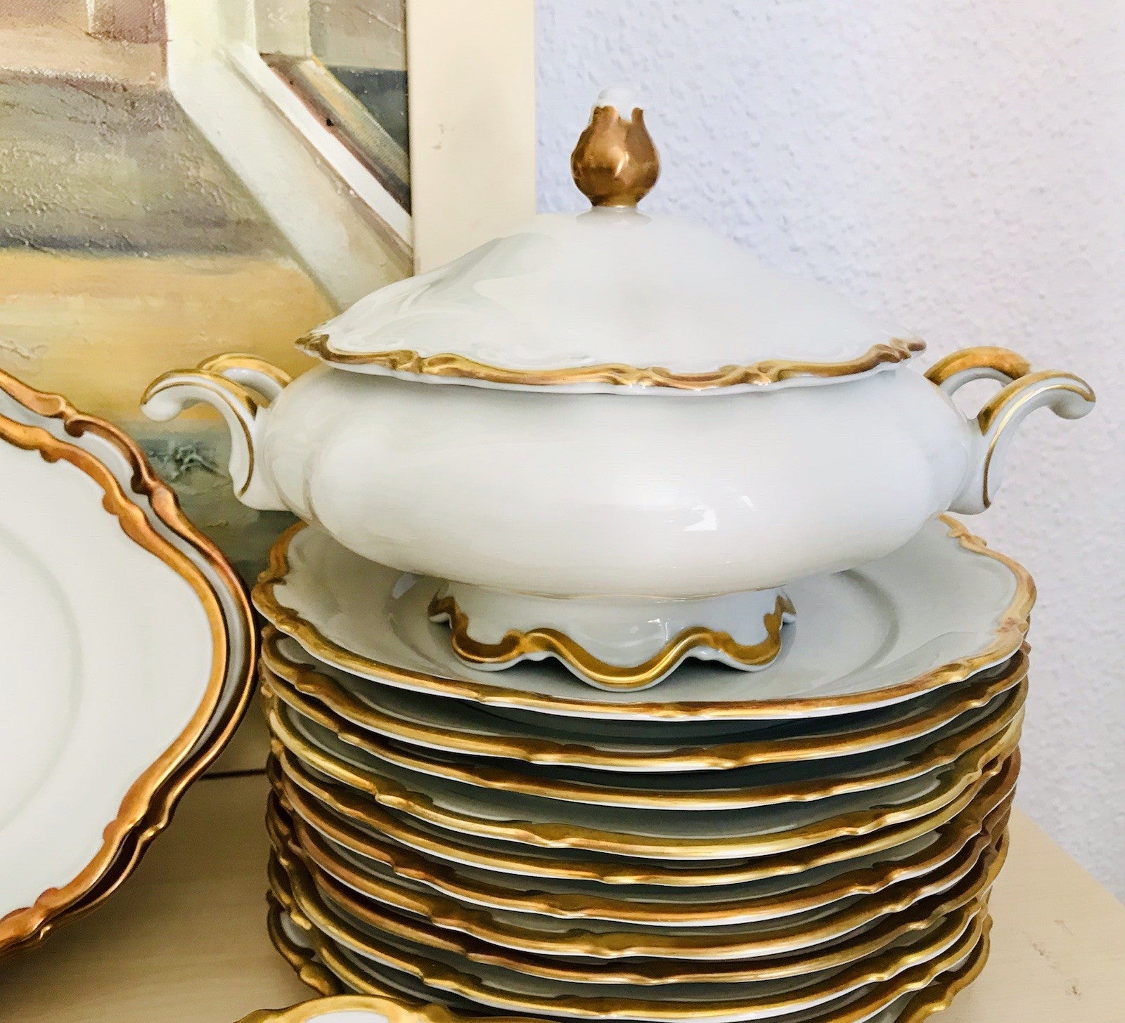 Antik Art Déco Porzellan Tafelservice goldene Ranke EDEL Mitterteich 12 Personen