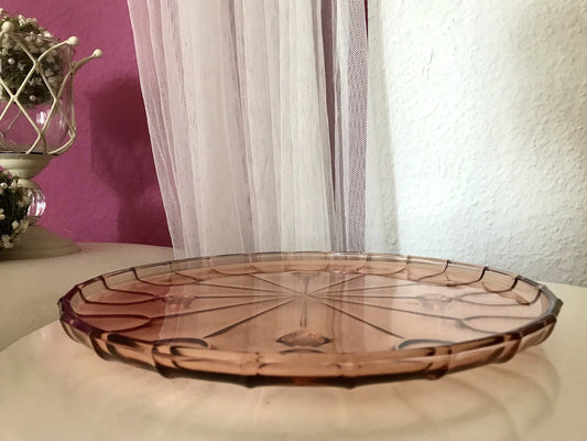 Antik Tortenplatte Tortenständer Rosalin Glas rosa 4Füssig Art Déco Pressglas