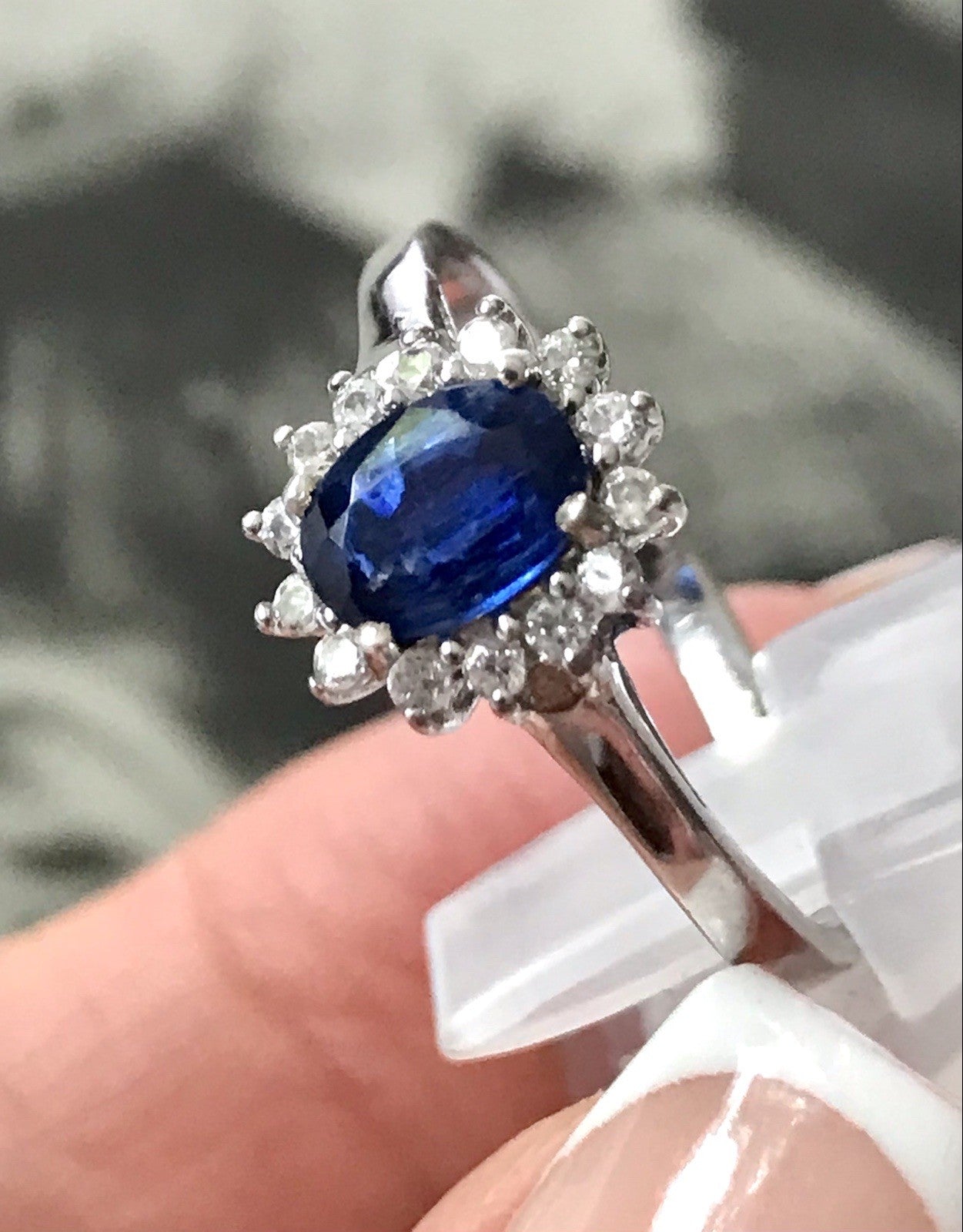 Vintage Entourage Halo Ring farblose Steine & Saphir Silber 925  ~Gr.62 63