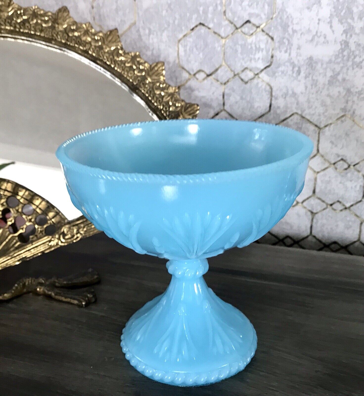 Antik Jugendstil Art Déco Pressglas Schale Fußschale Zuckerschale blau türkis