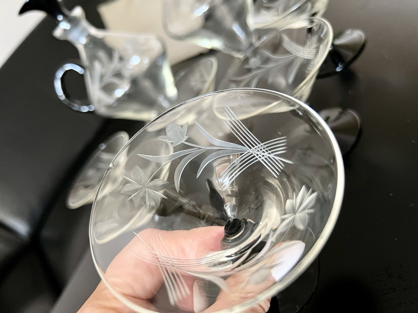 Antik Art Déco Likör 2x Karaffe & 6 Gläser Likörschalen Glas schwarz Stiel