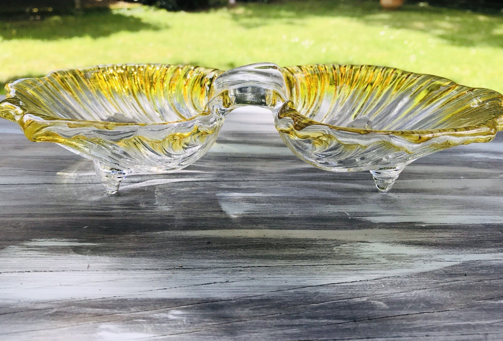 Vintage 70er Glas Schale Anbietschale Muschel Walther Glas Kultig gelb