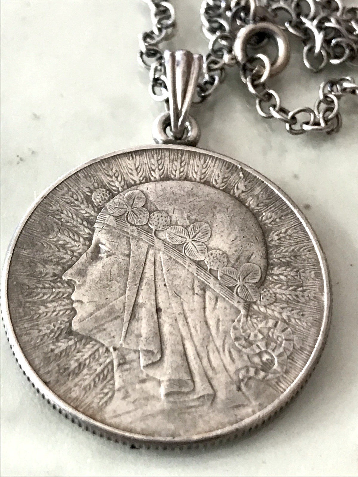 Antik Halskette Münze Jadwiga Polen 1933 Anhänger Kettenanhänger Silber 835