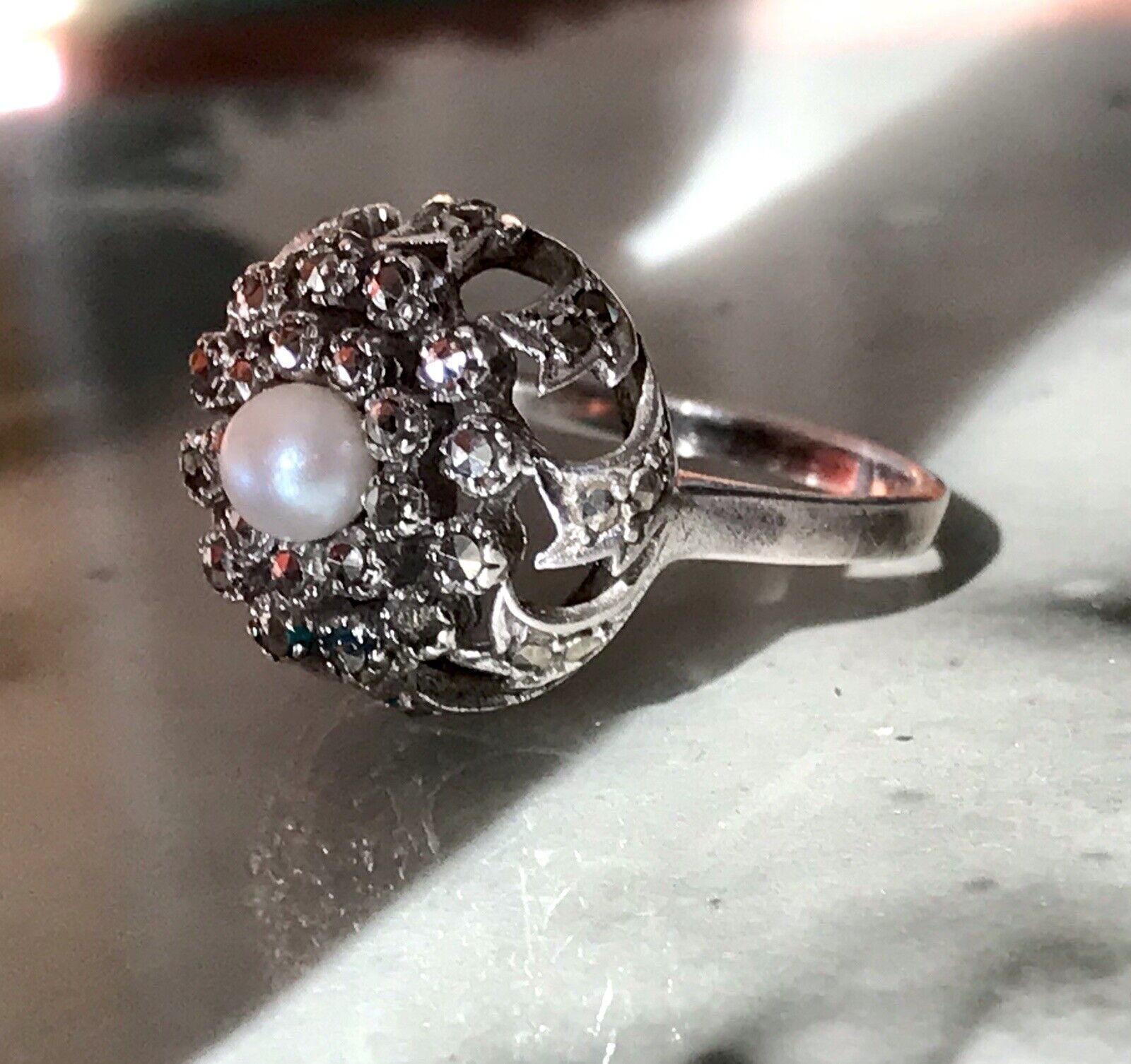Antik Edel DAMEN Entourage RING Silber 835 Perle Markasite Gr.52