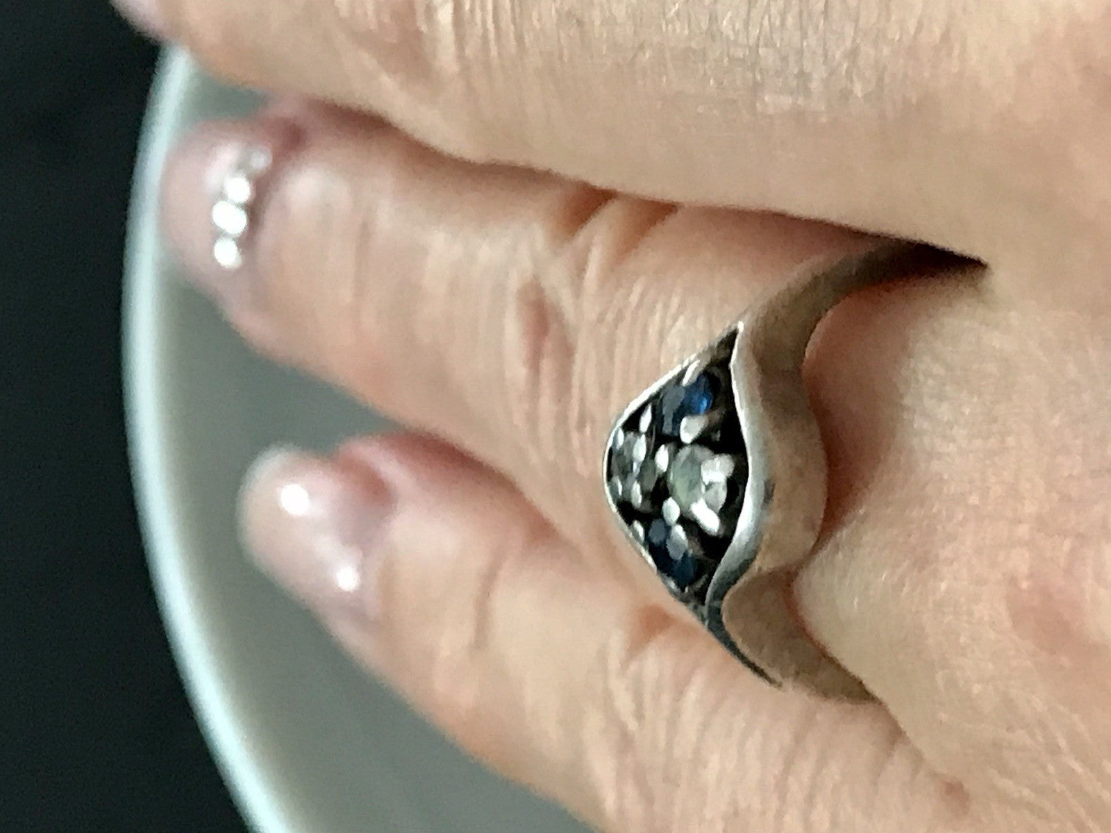 Antik ? Art Déco Damen Ring blaue farblose Steine Silber 925 Gr.51 52 Teka