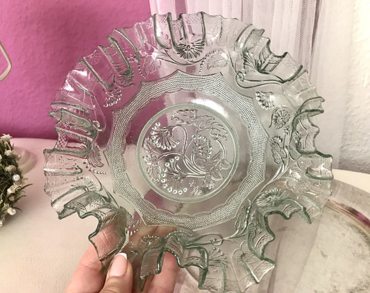 Antik Jugendstil gewellter Serviettenrand Pressglas Schale Glas so schön! grün
