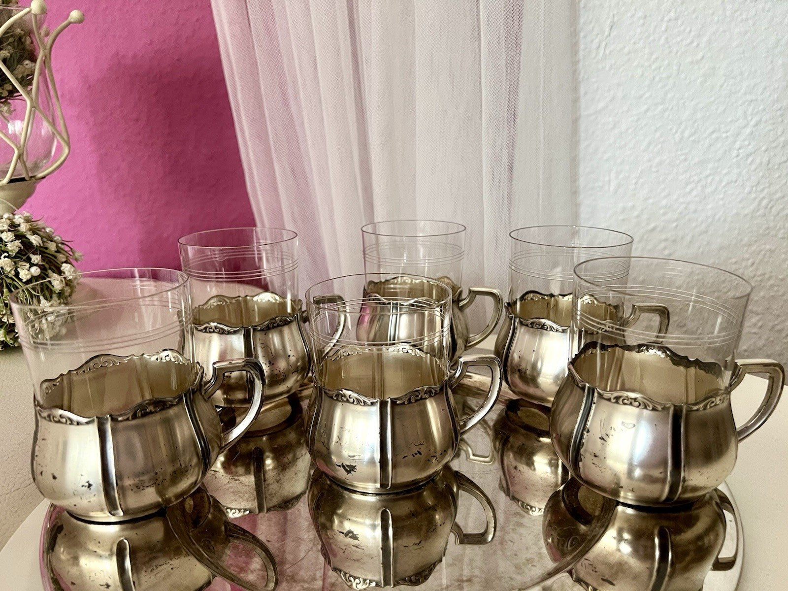 Antik WMF 6 Teeglashalter &6 Glaseinsätze Versilbert Art Déco  3x Straußenmarke