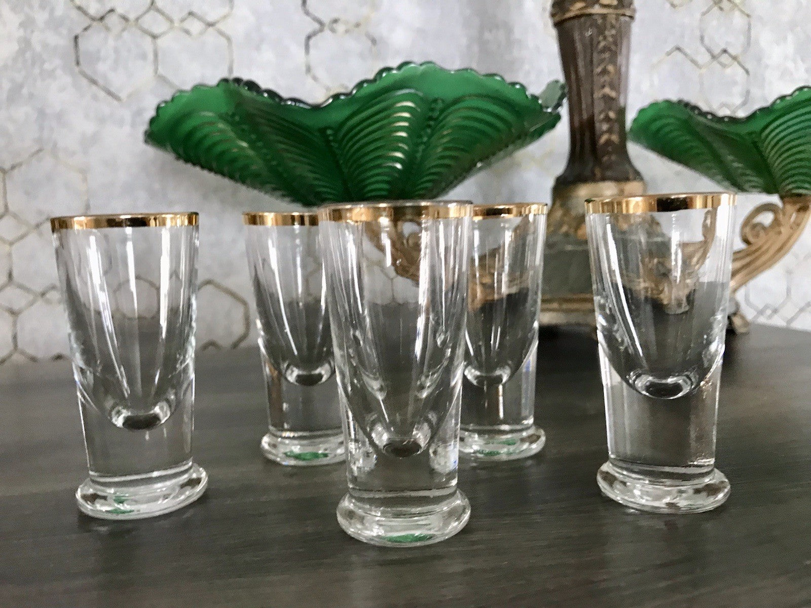 Antik 5 Pinnchen Schnapsgläser Golddekor Glas Biedermeier Likörgläser