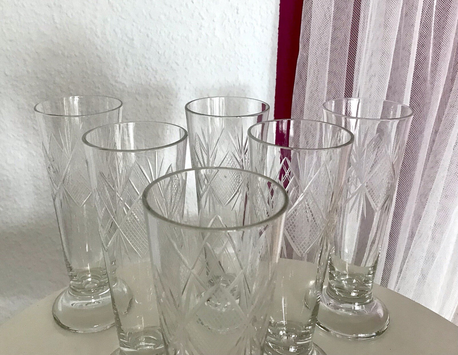 Antik 6x Fußbecher Fußrand-Becher mundgebl. Pokalgläser Kristallglas? Schliff