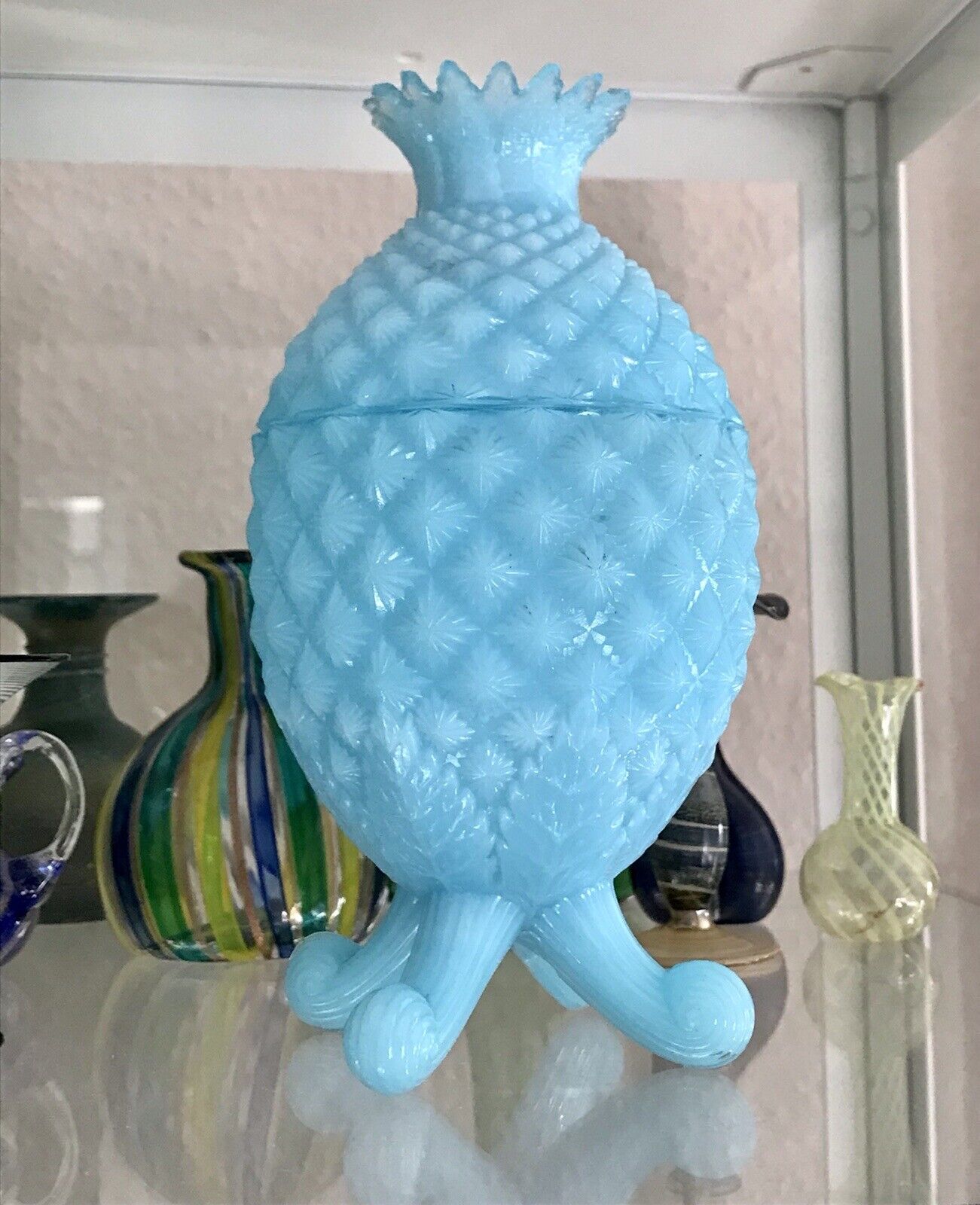 Antik Jugendstil Ananas Glasdose Dose Opalglas Deckeldose blau Pressglas SCHÖN!