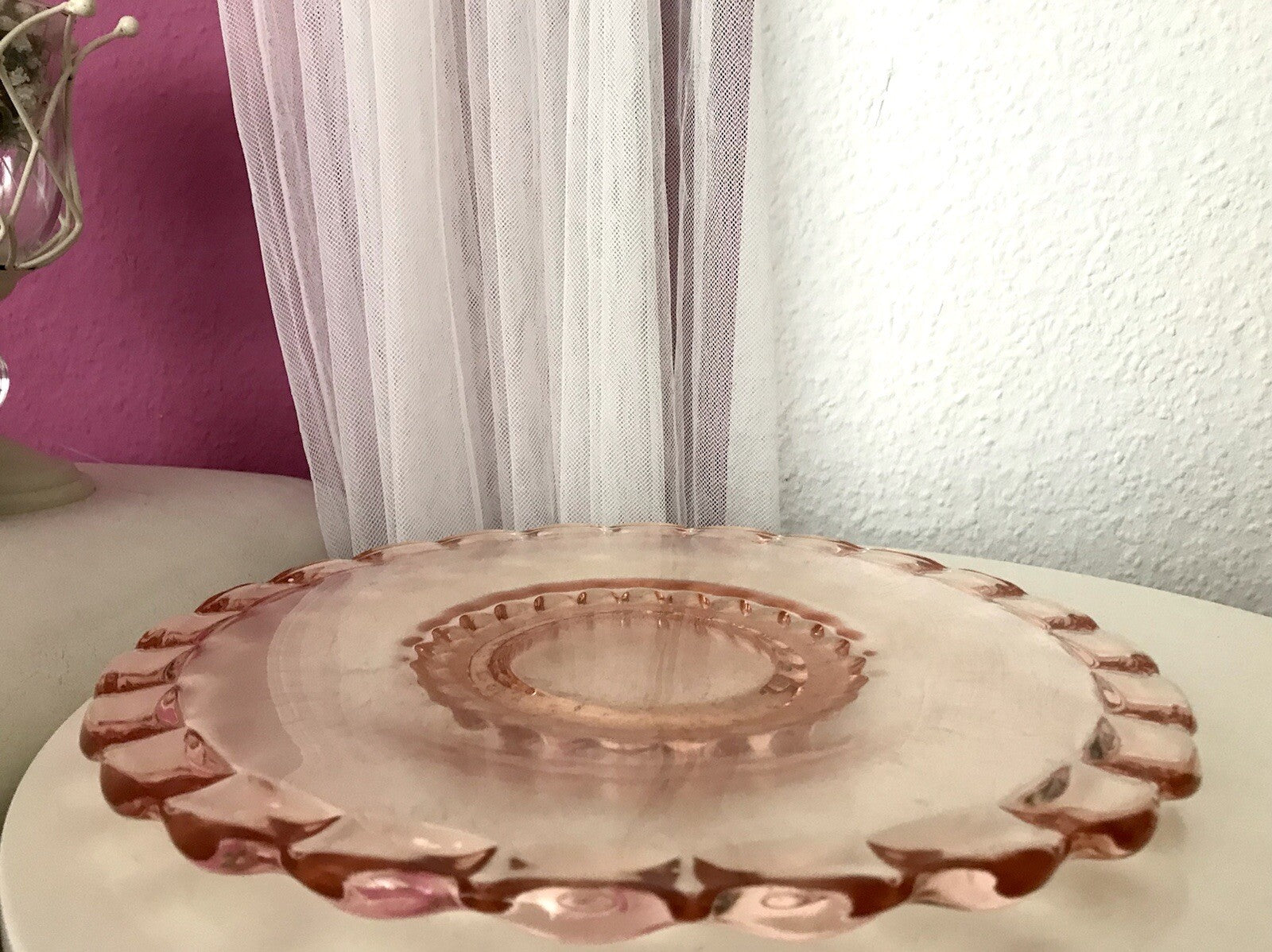 Antik Tortenplatte Tortenständer Rosalin Glas rosa Art Déco Pressglas