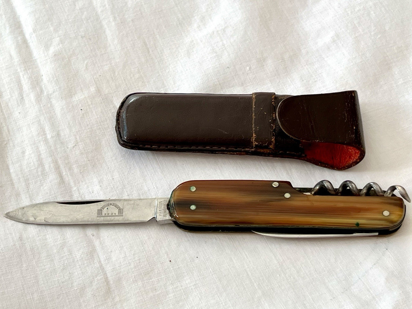 Antik Vintage Taschenmesser Klappmesser Jagdmesser Max Flus Remscheid Lederetui